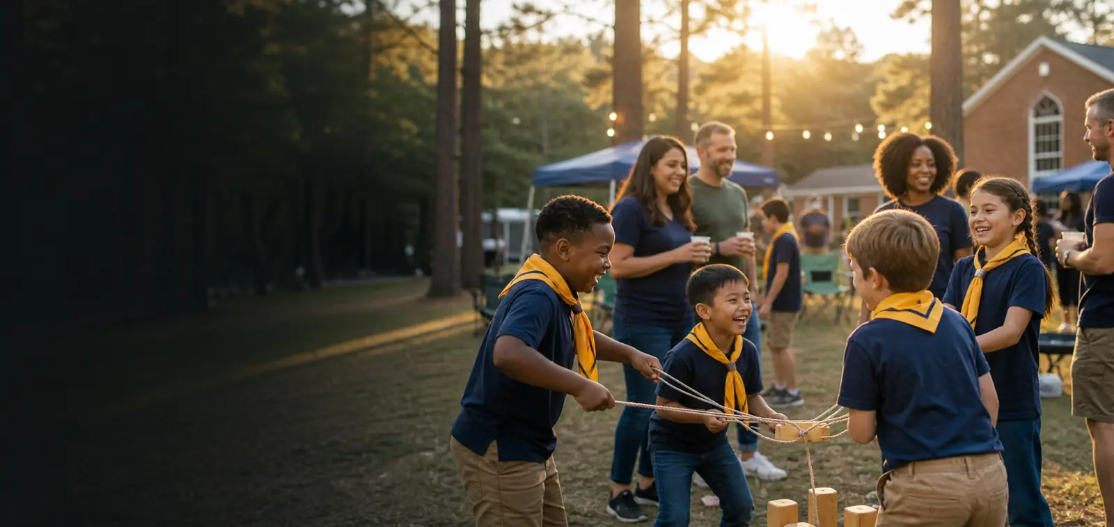 Illustration of Cub Scouts in navy shirts and gold neckerchiefs playing a rope-and-block game at golden hour while parents talk under string lights beside a church lawn